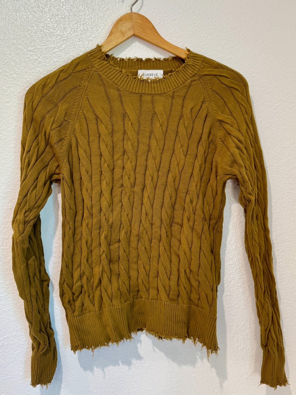 Evereve 100% Cotton Mustard Cable Knit Long Sleeve Sweater Frayed Shabby Chic S